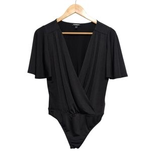 EXPRESS Satin Black Flutter Sleeve Wrap Front Bodysuit Women's Size Small